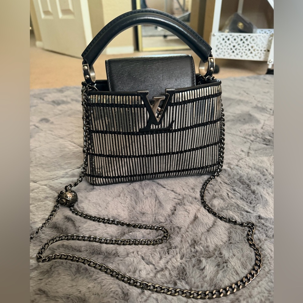 Louis Vuitton RARE mini Lame Black and Silver Chain Crossbody Bag